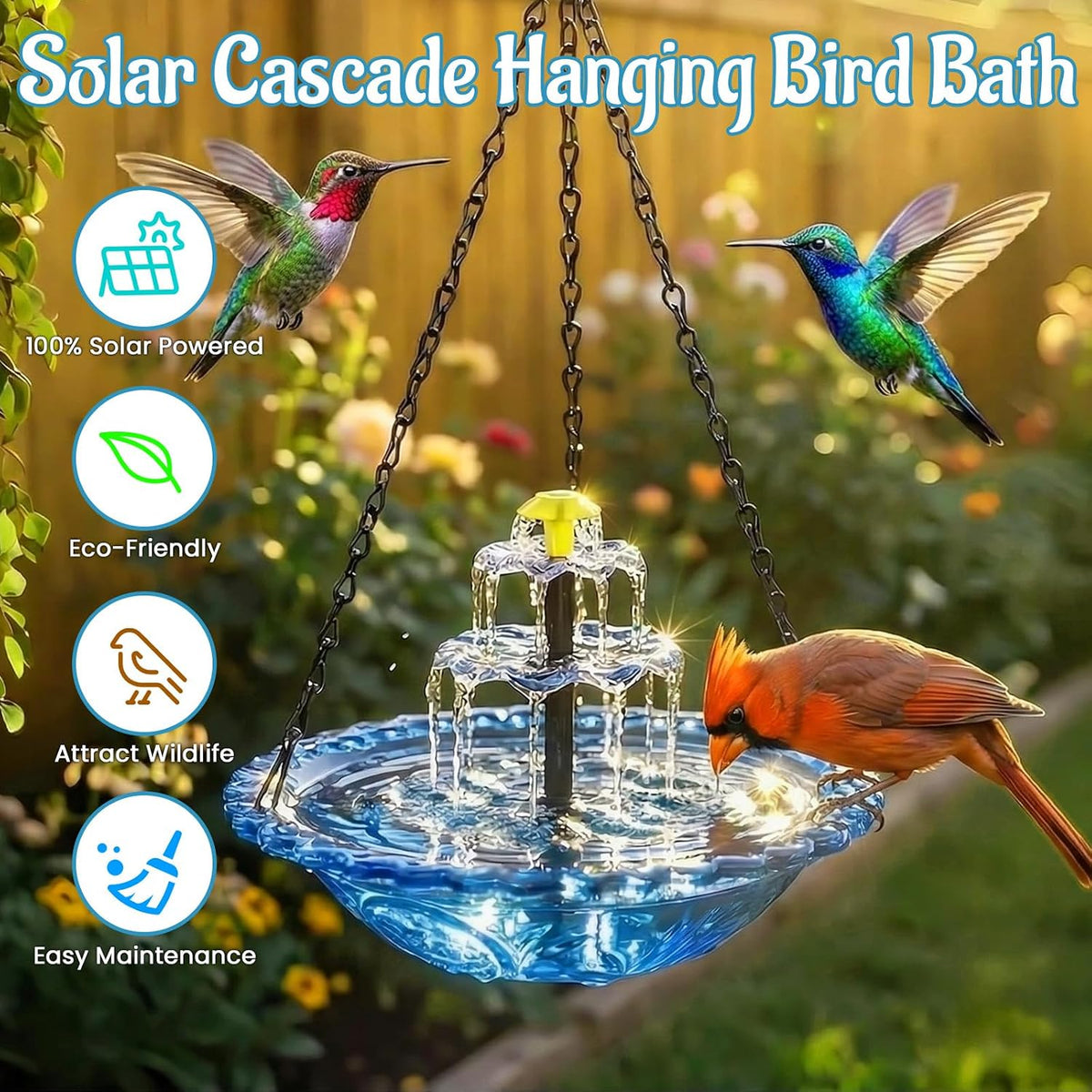 Solar Cascade Hanging Bird Bath Fountain, 3-Tier Hanging Solar Bird Bath with Detachable Solar Panel, 5ft Extension