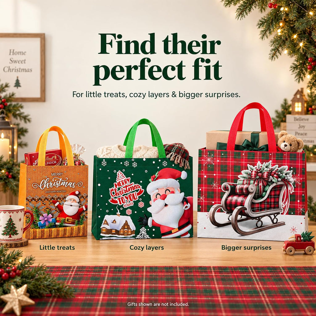 20 Pack Christmas Gift Bags Assorted Sizes with Handles, Non-Woven