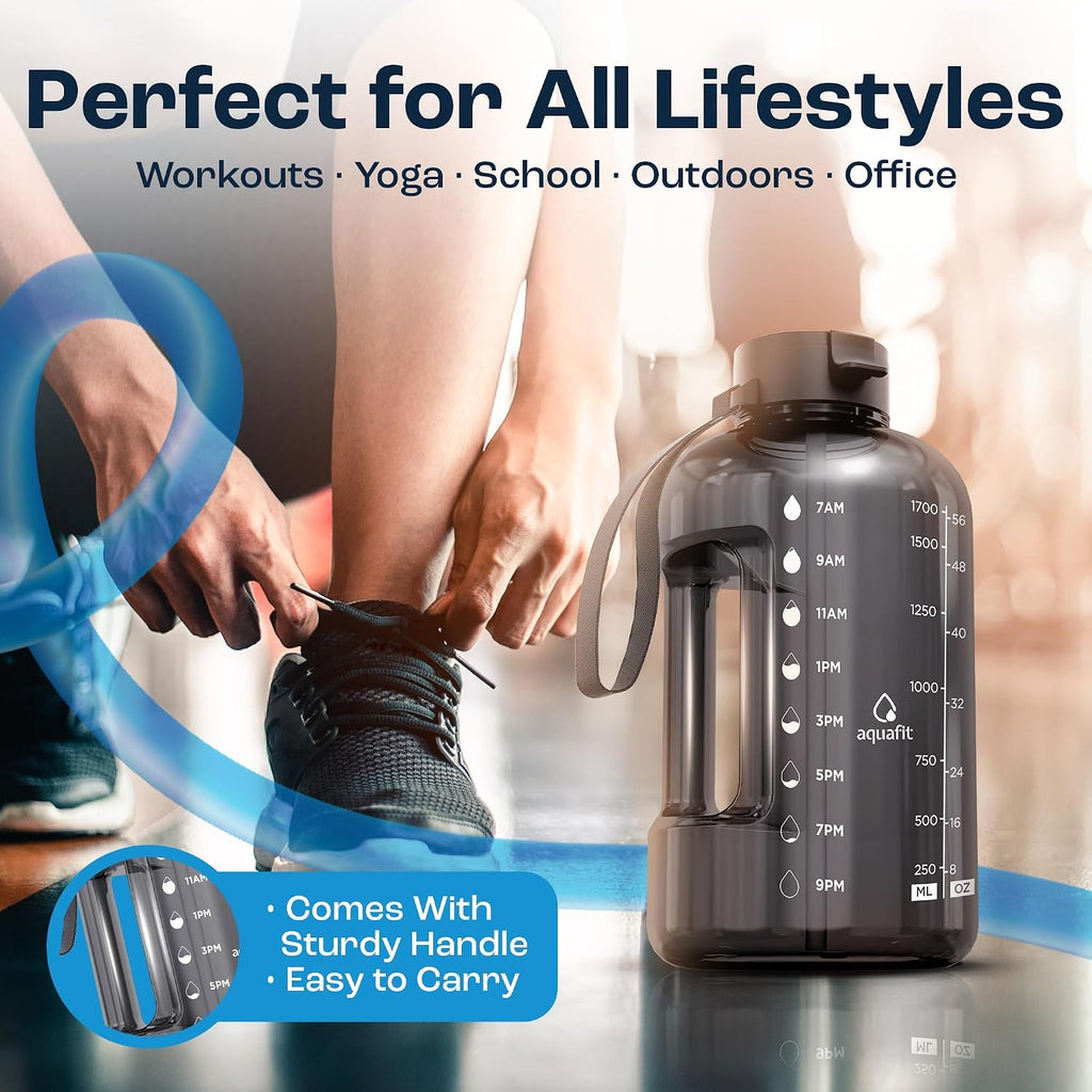 Half Gallon Water Bottle with Time Marker | BPA Free Half Gallon Water Bottle with Straw and Chug Lids - Leakproof