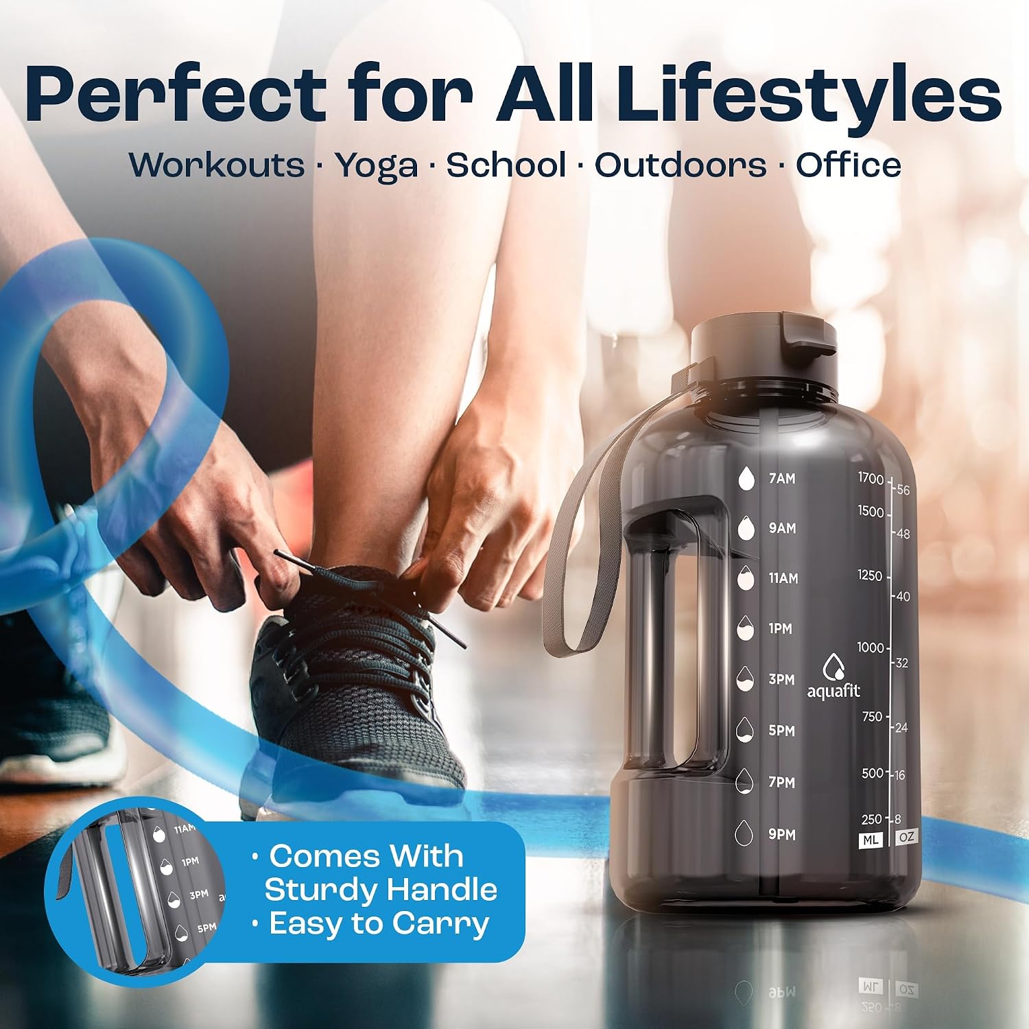 Half Gallon Water Bottle with Time Marker | BPA Free Half Gallon Water Bottle with Straw and Chug Lids - Leakproof
