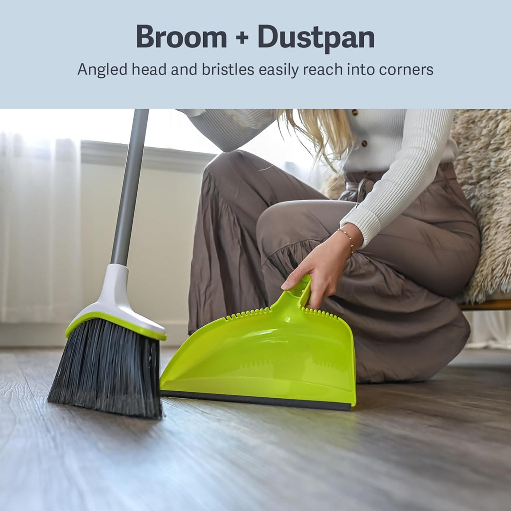 Basics 2-Piece Angled Broom and Dustpan Set, 44" Angled Broom with Long Handle and Dustpan, Silver/Green