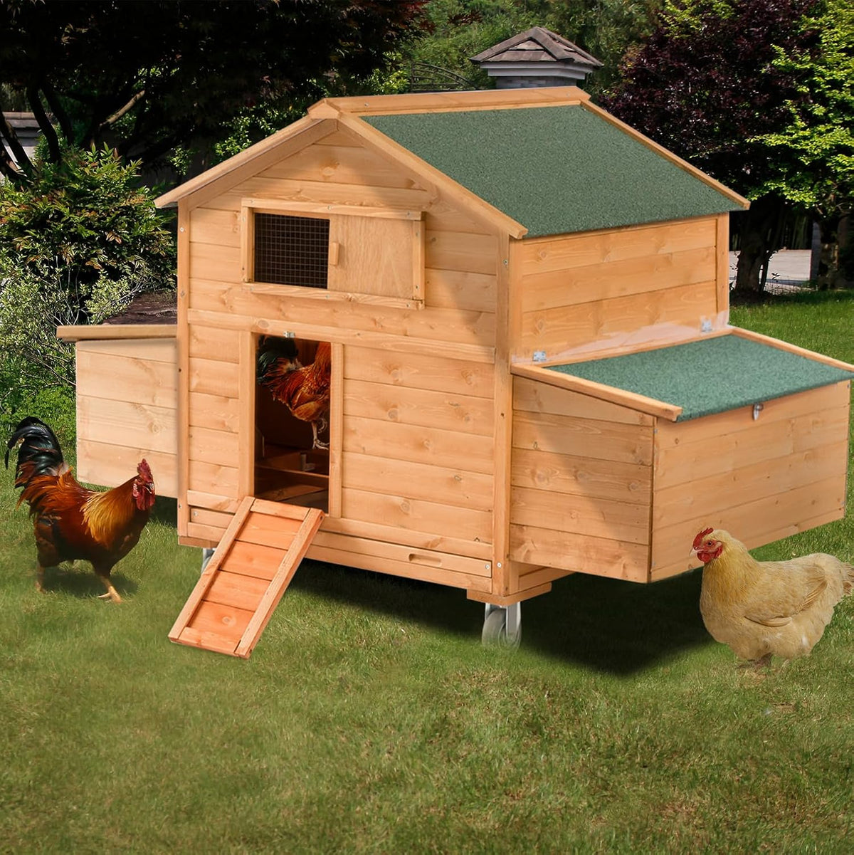 Large Chicken Coop with Wheels, Waterproof Outdoor Hen House for 6-8 Chickens, Movable Chicken House with Two Nesting