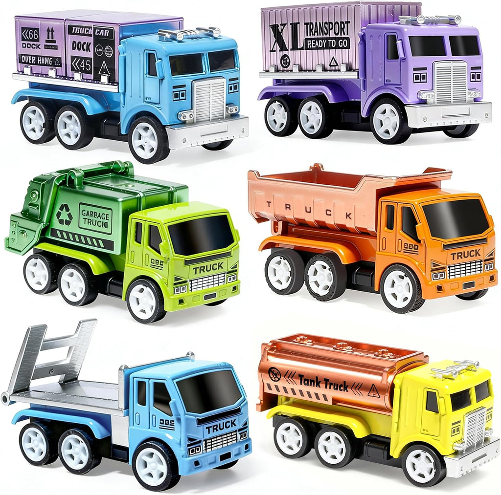 6 Diecast Trucks Toy Vehicle Set, Pull Back Cars with Movable Parts | Die-cast Mental Details, Mini Pull Back Toy