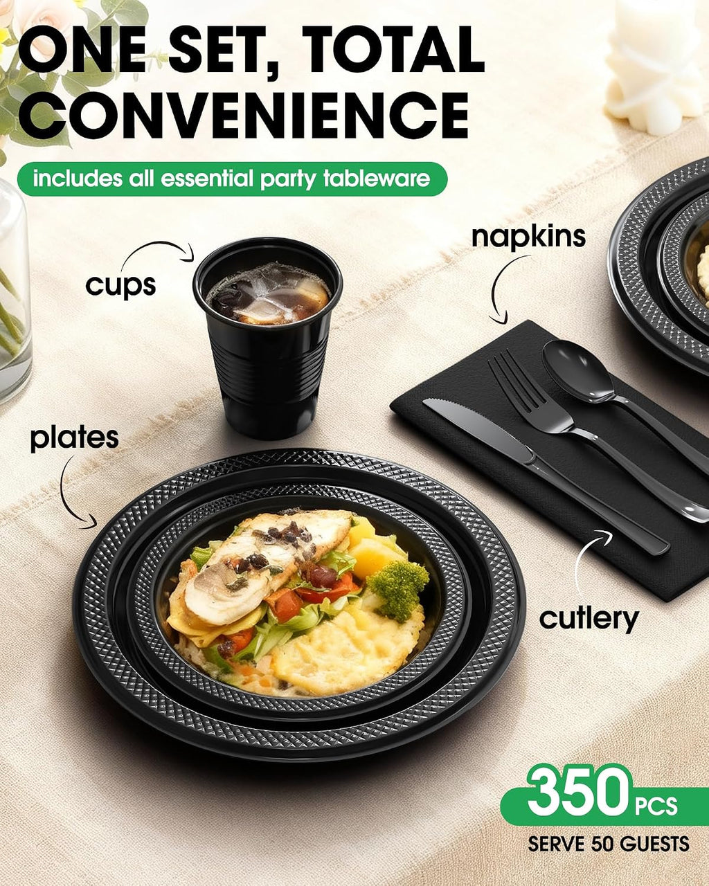 Plastic Plates Set 350 Pcs Black for 50 Guests