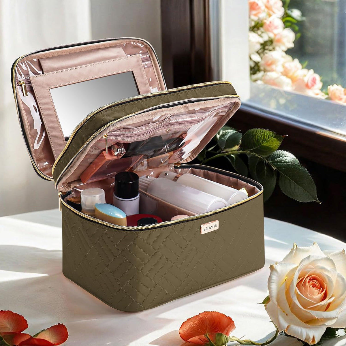 8.8L Double Layer Travel Makeup Bag With Mirror For Women, Large Cosmetic Case, Organizer for Travel-Size Accessories