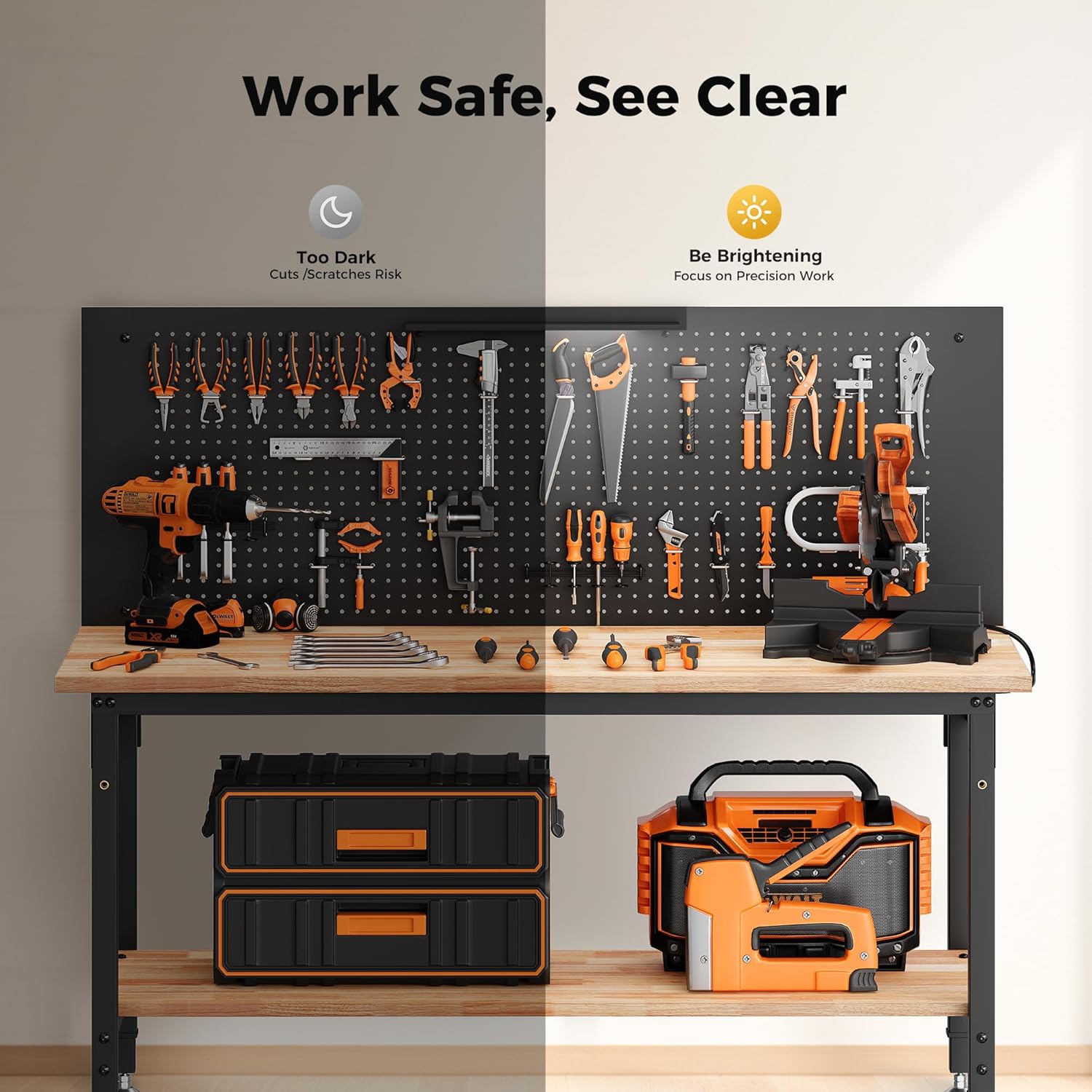 60" Work Bench with Storage & Pegboard, 2000LBS Max Load, Storage Shelf & Power Strip