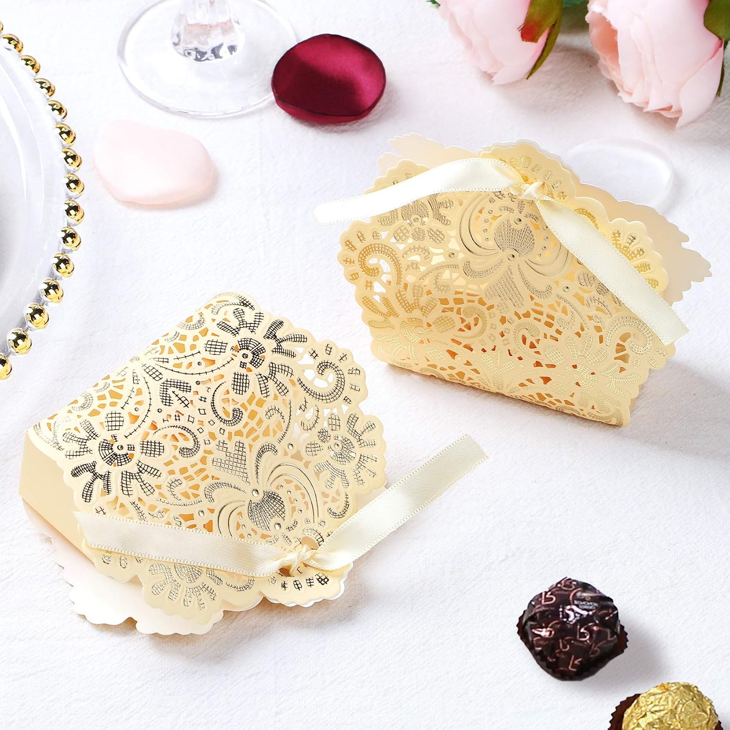 50 PCS Laser Cut With Ribbon Wedding Party Favor Box, Wedding Gift Box, Chocolate Candy and Gift Boxes Paper bags for