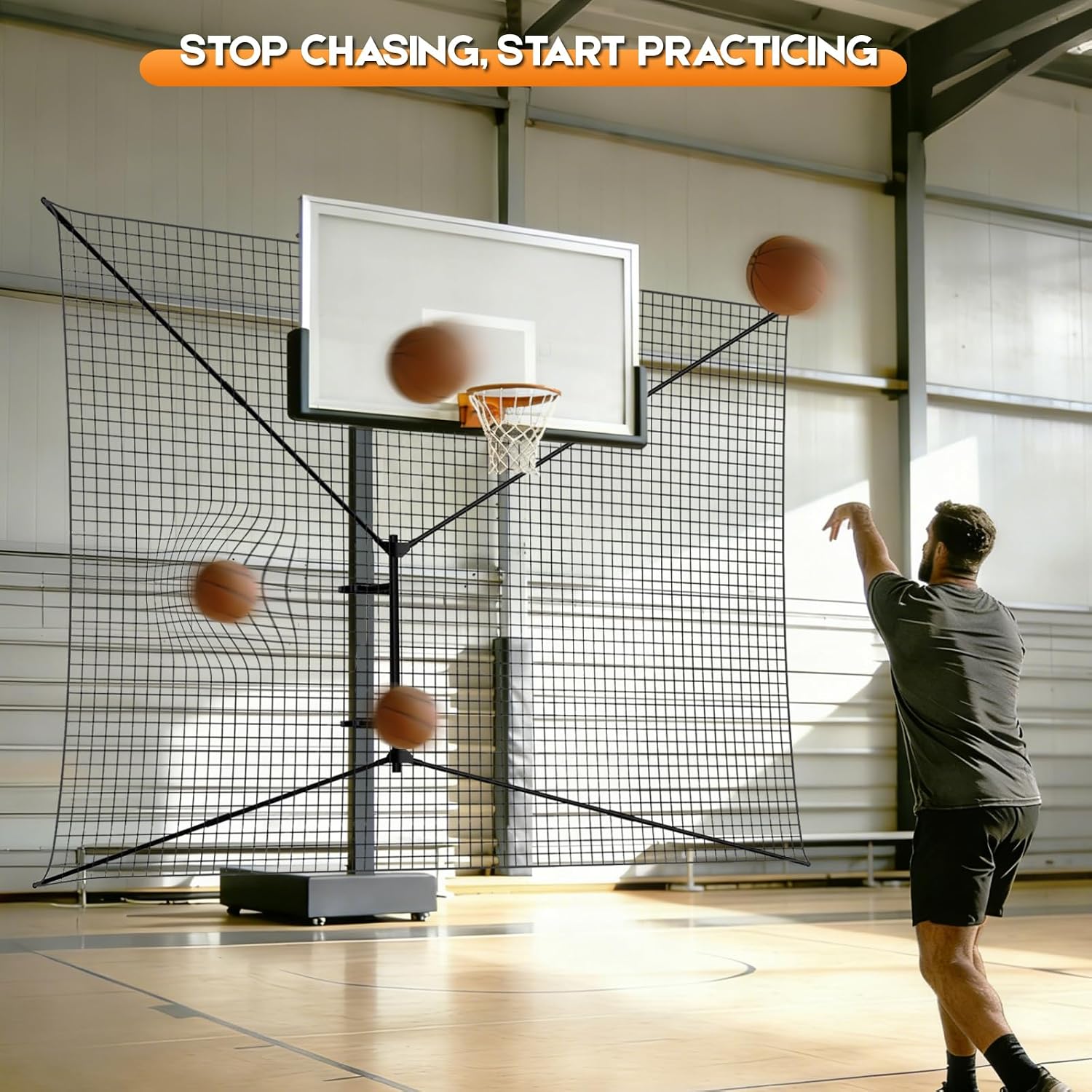 Basketball Rebounder Net, Heavy-Duty Steel Frame Basketball Return Net Catcher Backstop Nets Basketball Return