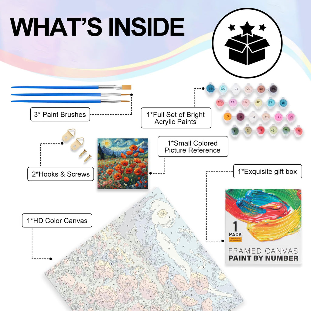 Framed Paint by Numbers Kit for Adults Starry Night, Flowers