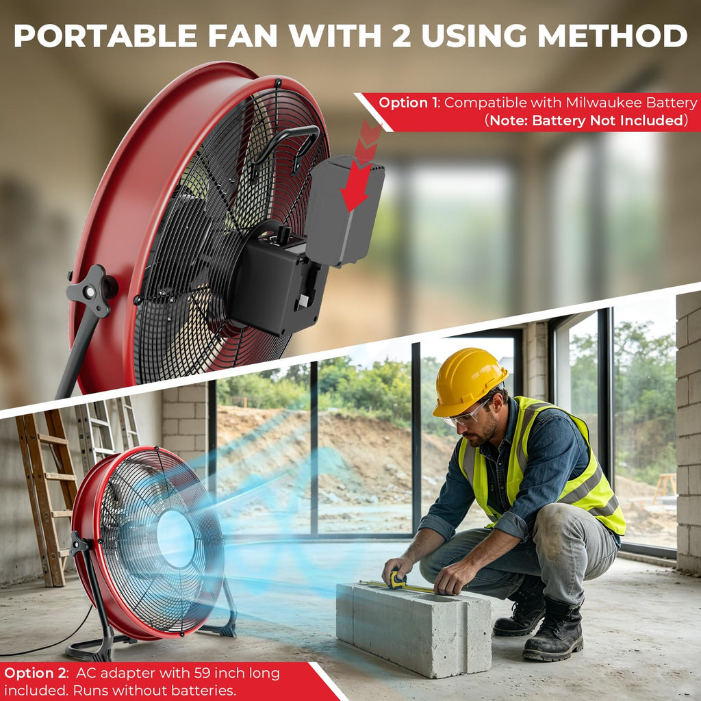 16" Floor Fan with 1000LM LED Light Compatible with Milwaukee Battery