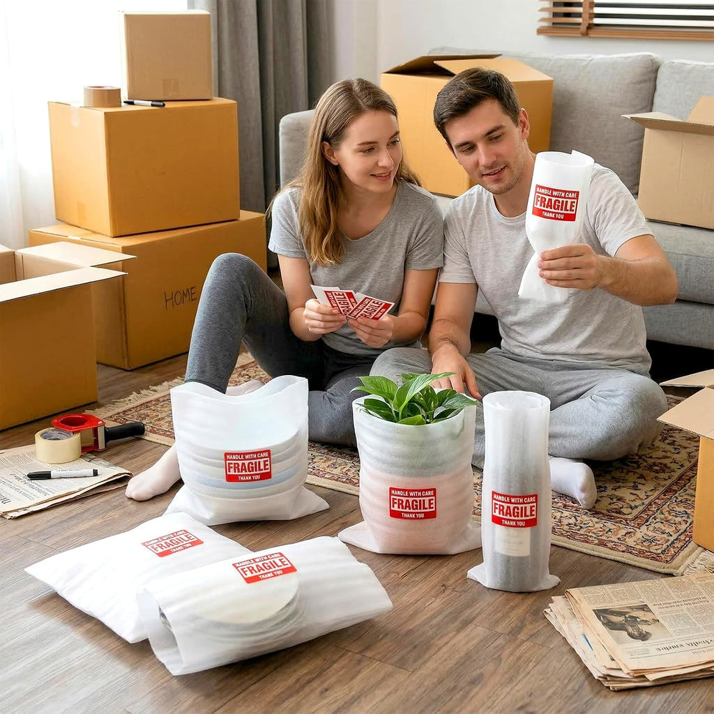 50 Pack Dish Moving Supplies, 16" x 16" Cushion Foam Wrap Pouches with 50 Fragile Label, Reusable Plate Packing