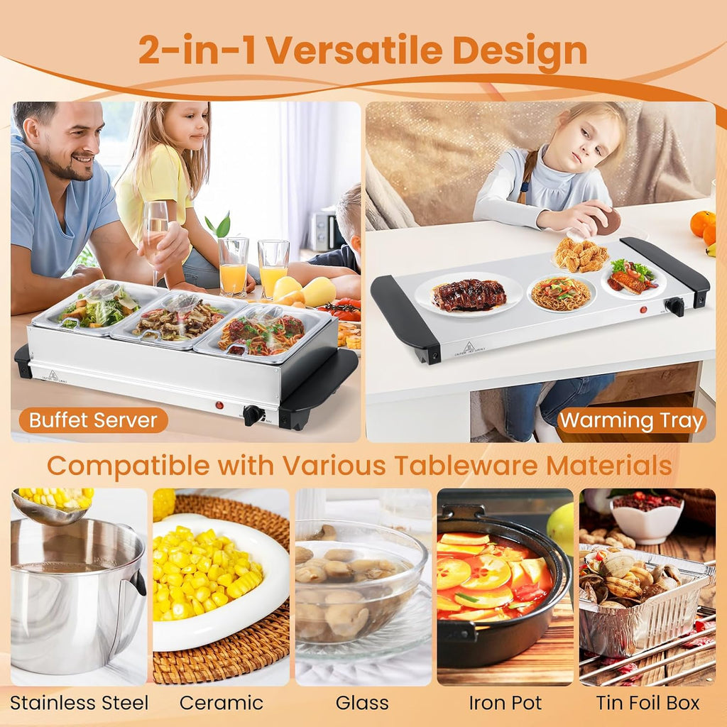 Electric Buffet Server & Warming Tray, 3 Stainless Steel Pans with Lids, Adjustable Temperature, Dishwasher Safe