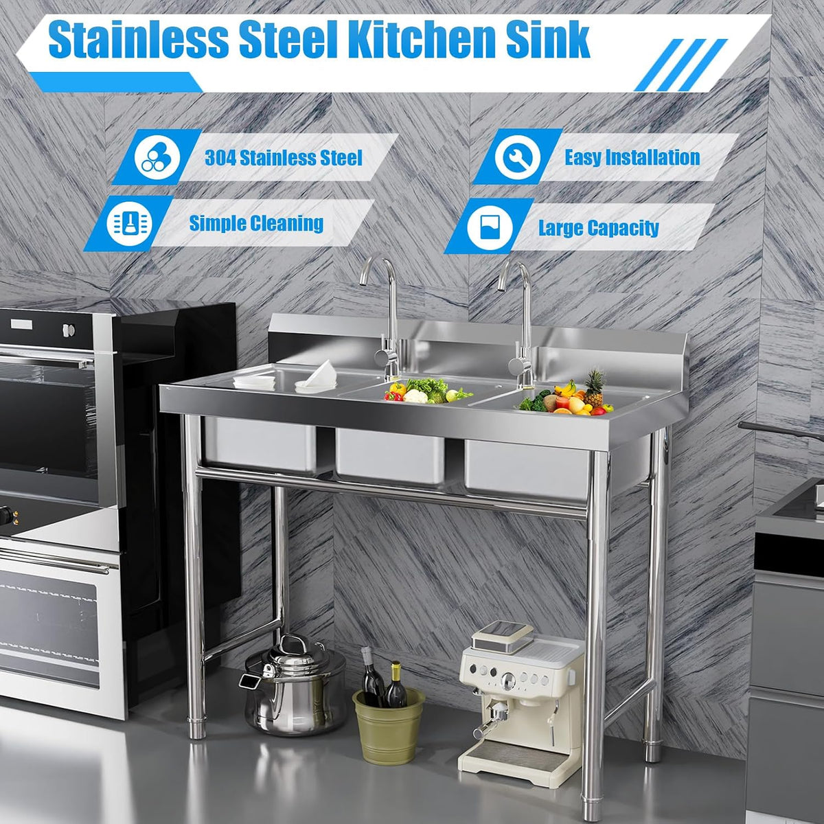 3 Compartment Sink, 304 Stainless Steel Utility Sink Freestanding Kitchen Sinks Commercial Sinks with 2 Faucet & Cold