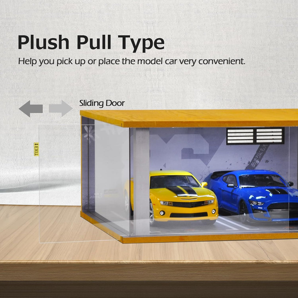1/18 Scale Wooden Car Garage Display Case Garage Model | 2 Parking Spaces 1/18 Scale LED Light Feature Wooden Garage