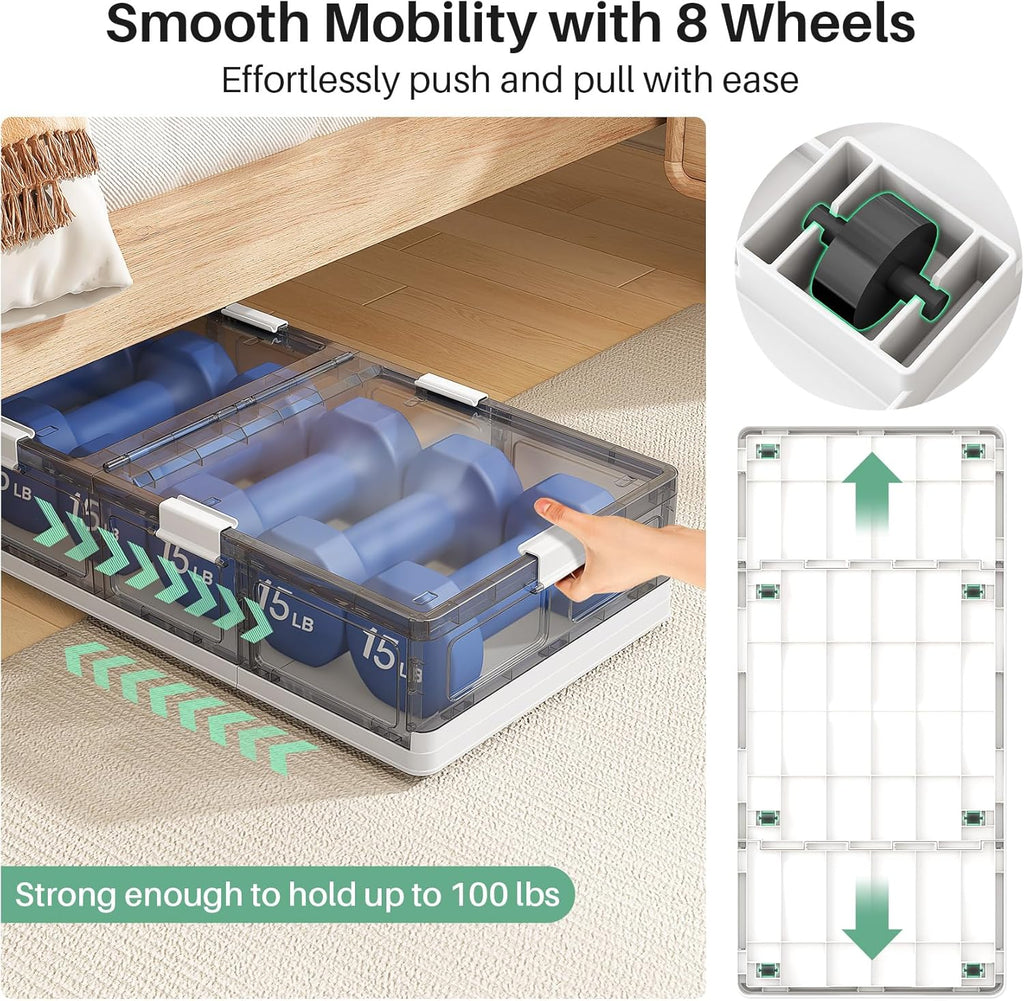 Clear Plastic Under Bed Storage Containers Bins with Lids and 8 Pre-installed Wheels,37.8 Qt, Rolling Foldable Flat