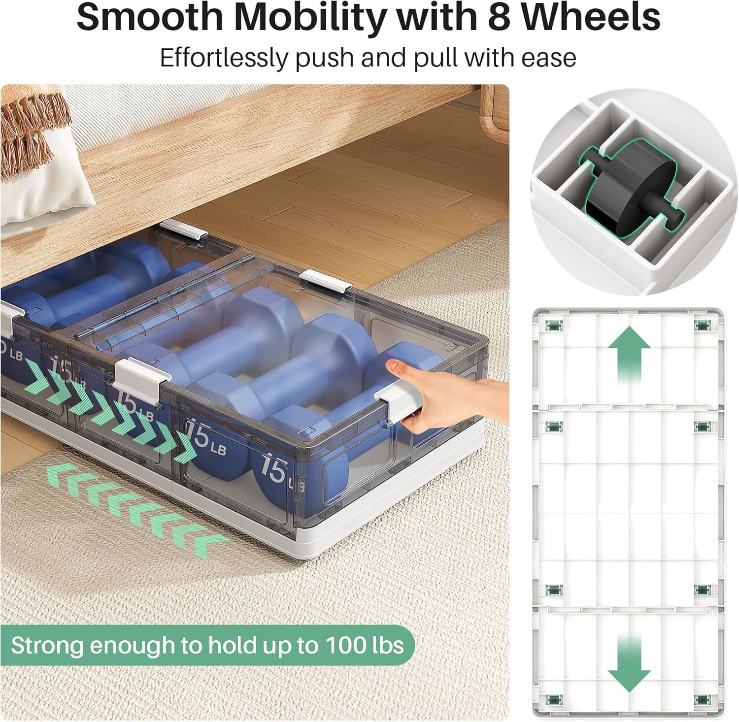 Clear Plastic Under Bed Storage Containers Bins with Lids and 8 Pre-installed Wheels,37.8 Qt, Rolling Foldable Flat