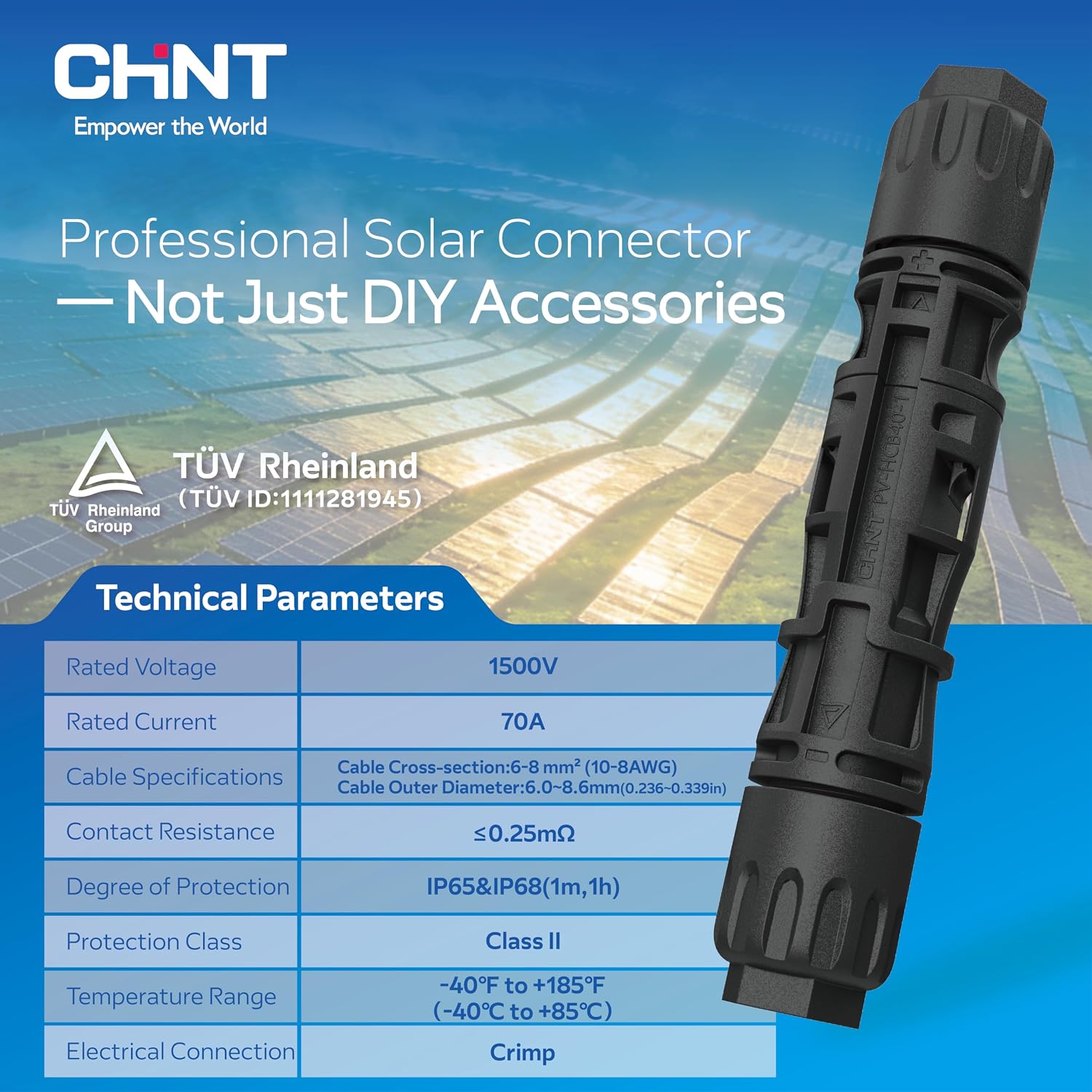 CHINT 8AWG Solar Panel Connectors 1500V DC 70A, TÜV Certified Heavy Duty MC4-Compatible Solar Cable Connectors for