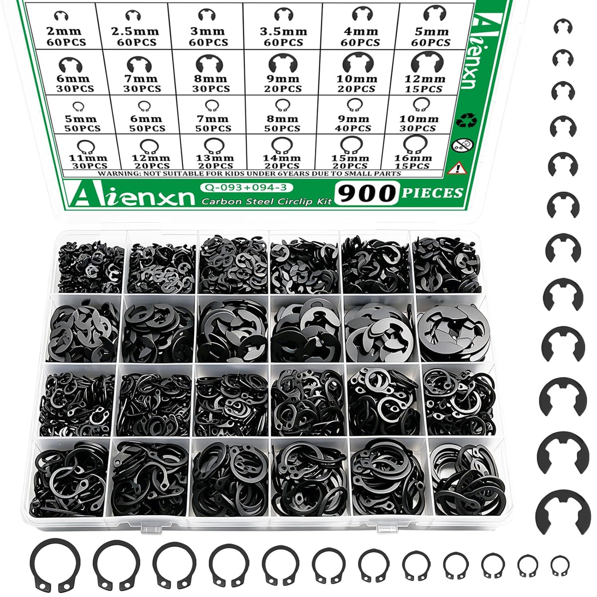 900PCS Snap Rings Kit, E Clips Kit (2-12MM) and C Clips Kit (5-16MM)
