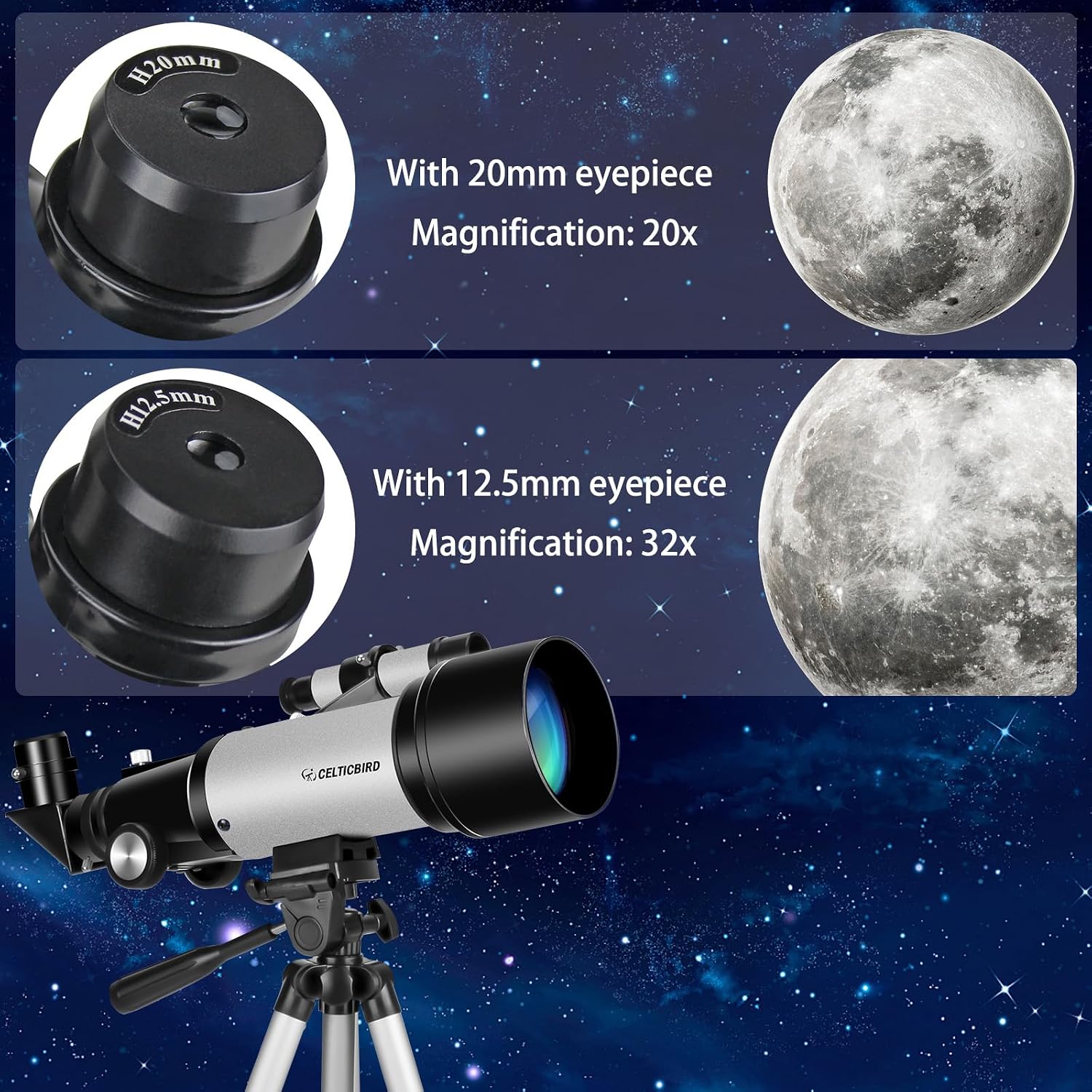 Telescope 70mm Aperture 400mm Astronomical Refracting Telescopes - Travel Telescope with Tripod, Phone Adapter(Silver)