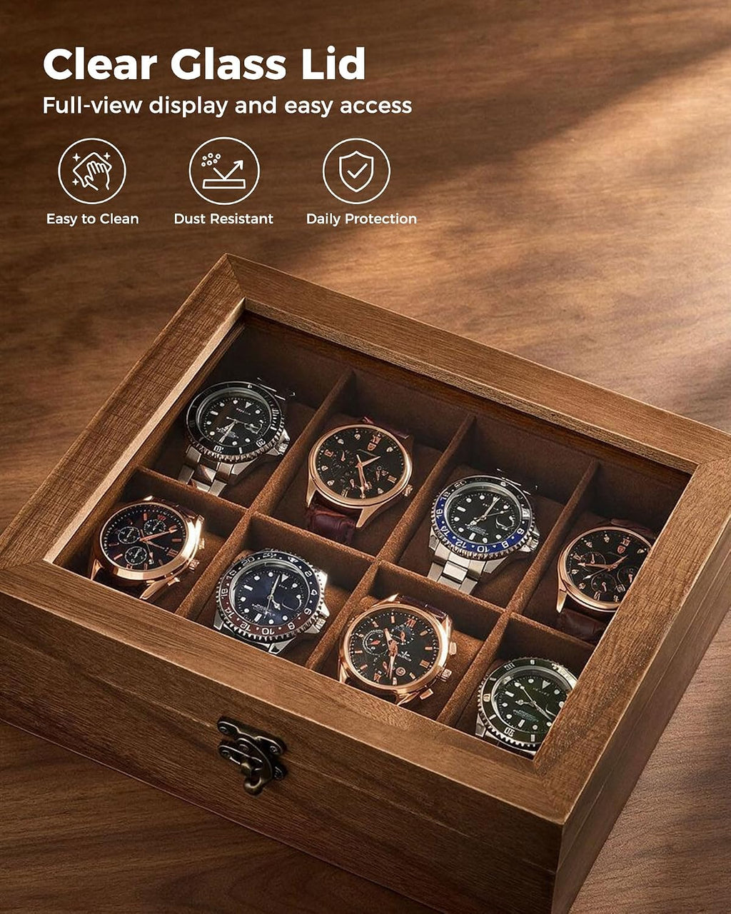 8 Slot Wooden Watch Display Case With Glass Lid, Organizer | Elegant Wooden Watch Box With Glass Lid And Soft Lining