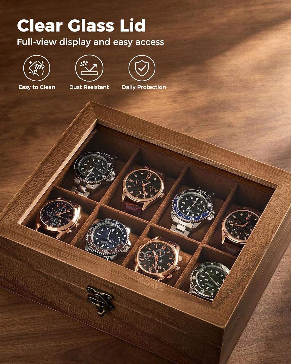 8 Slot Wooden Watch Display Case With Glass Lid, Organizer | Elegant Wooden Watch Box With Glass Lid And Soft Lining