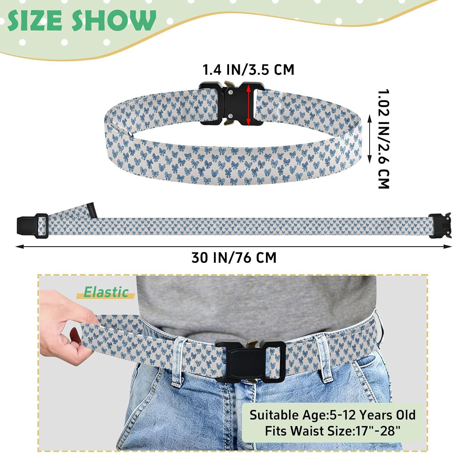 Blue Bow Tie Kids Elastic Belt, Adjustable Stretch Waist Belt with Buckle, Youth Belt for Baseball Golf Softball