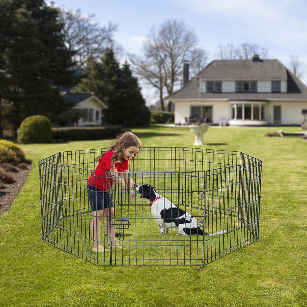 Foldable Silver Metal Dog Exercise Playpen Gate Fence Dog Crate 8 Panels 30 Inch Height Puppy Kennels with Bottom Pad