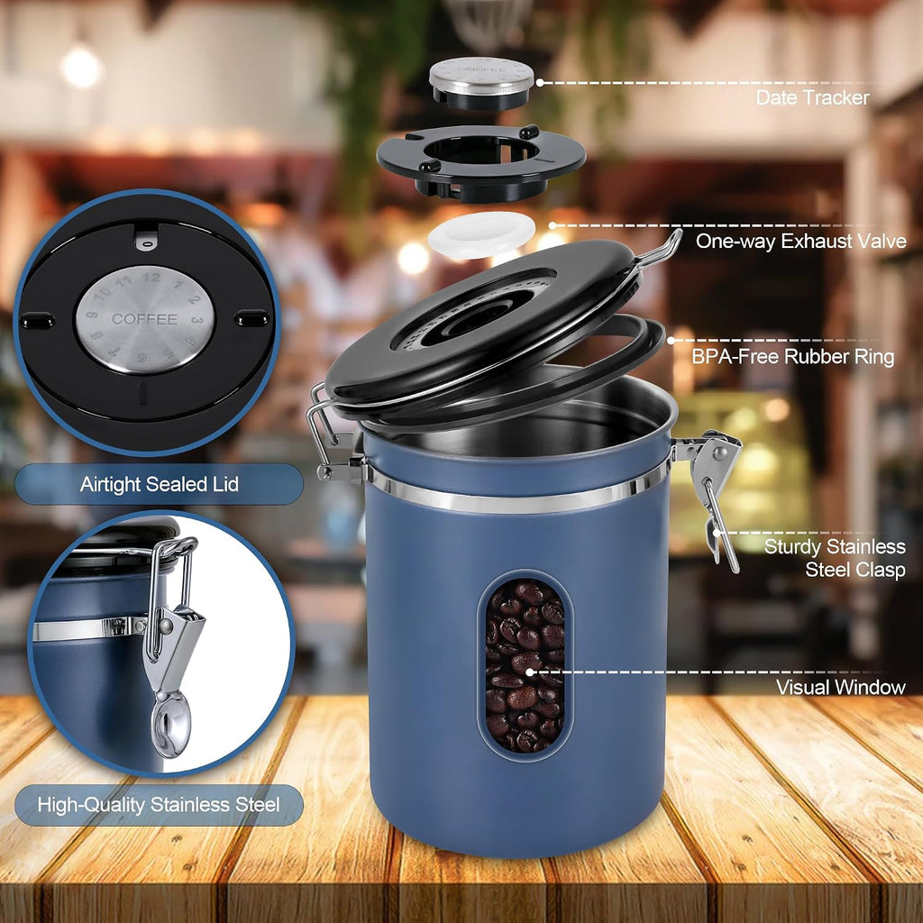 1800ML Airtight Coffee Canister with Date Tracker&Transparent Window, 22.8OZ Coffe Beans Storage with 30ML Measure