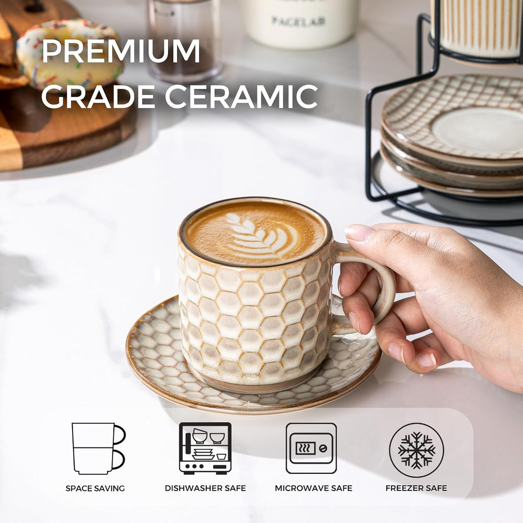 6 OZ Coffee Mugs with Saucer and Stand, Ceramic Espresso Coffee Cup