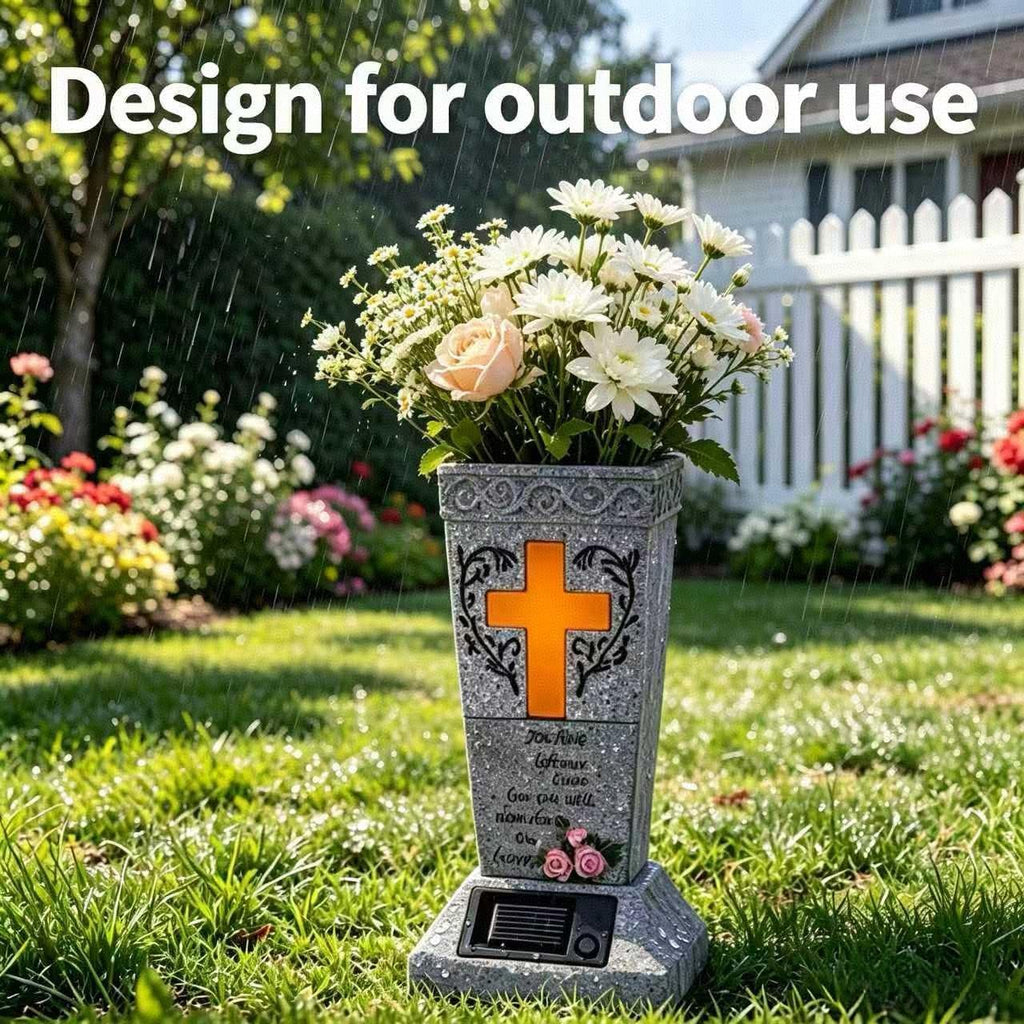 Solar Cemetery Vase for Grave Decor - Waterproof Memorial Flower Holder with LED Cross Light - Sympathy Gifts for