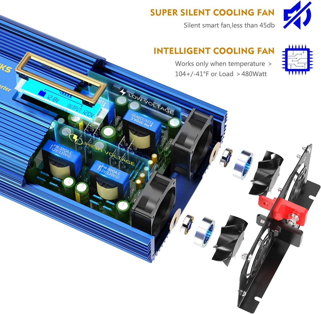 1500Watt Pure Sine Wave Inverter 12V DC to 110V 120V AC Power Inverter | Remote Control LCD Display and 2x2.4A USB