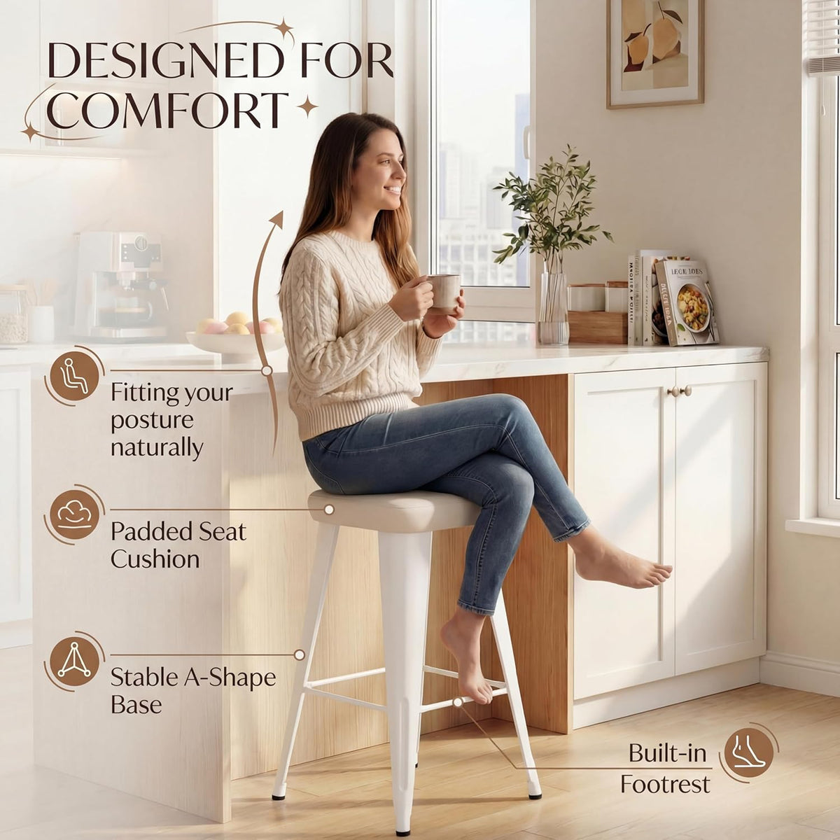 Backless Bar Stools Set of 4, 26" Farmhouse PU Leather Barstools