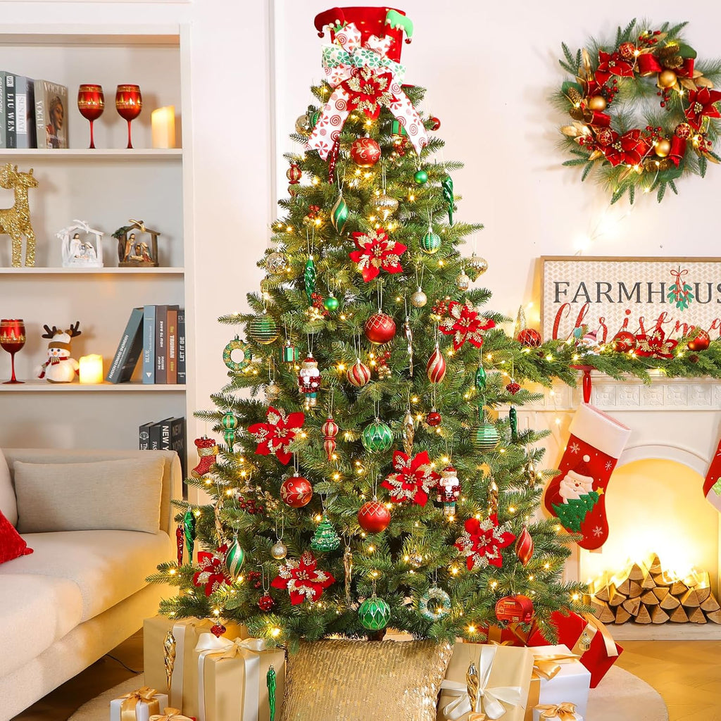 135pcs Christmas Balls Ornaments Set, Shatterproof Plastic Baubles, Ribbon and Tree Topper for Xmas Tree Holiday