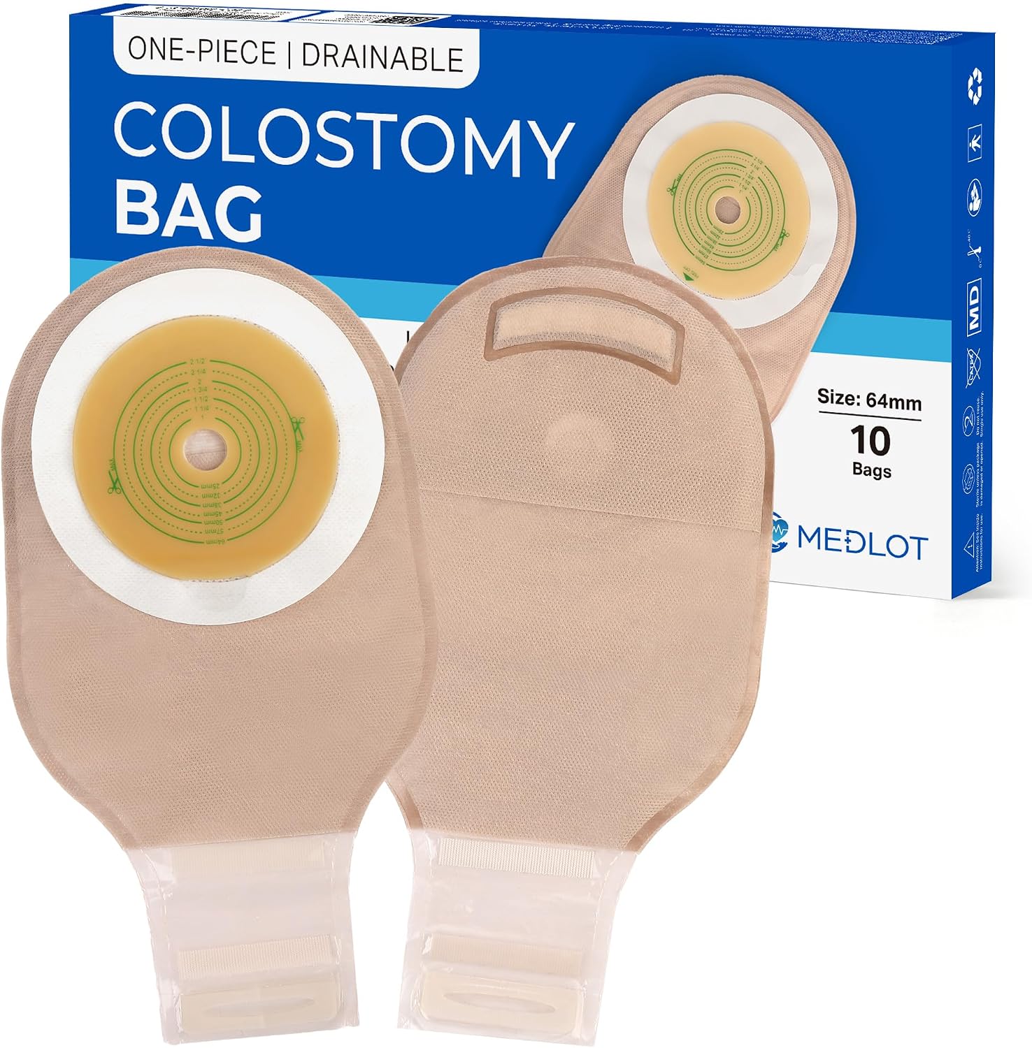 Ostomy Bags, 10Pcs One Piece Drainable Pouches, Hook and Loop Closure, Colostomy & Ileostomy Supplies, Hydrocolloid