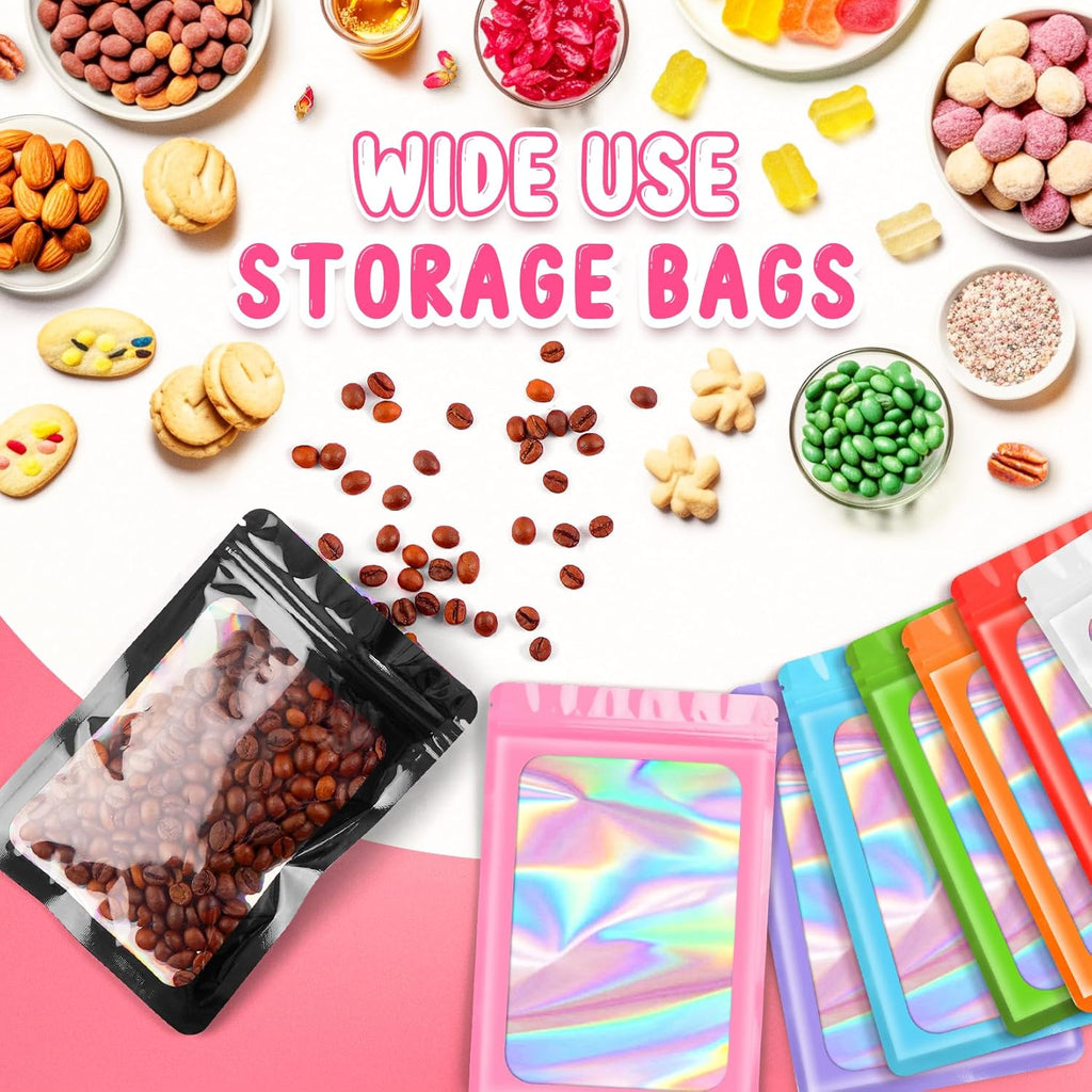 100 Pack Resealable Holographic Bags, Smell Proof Packaging, Black