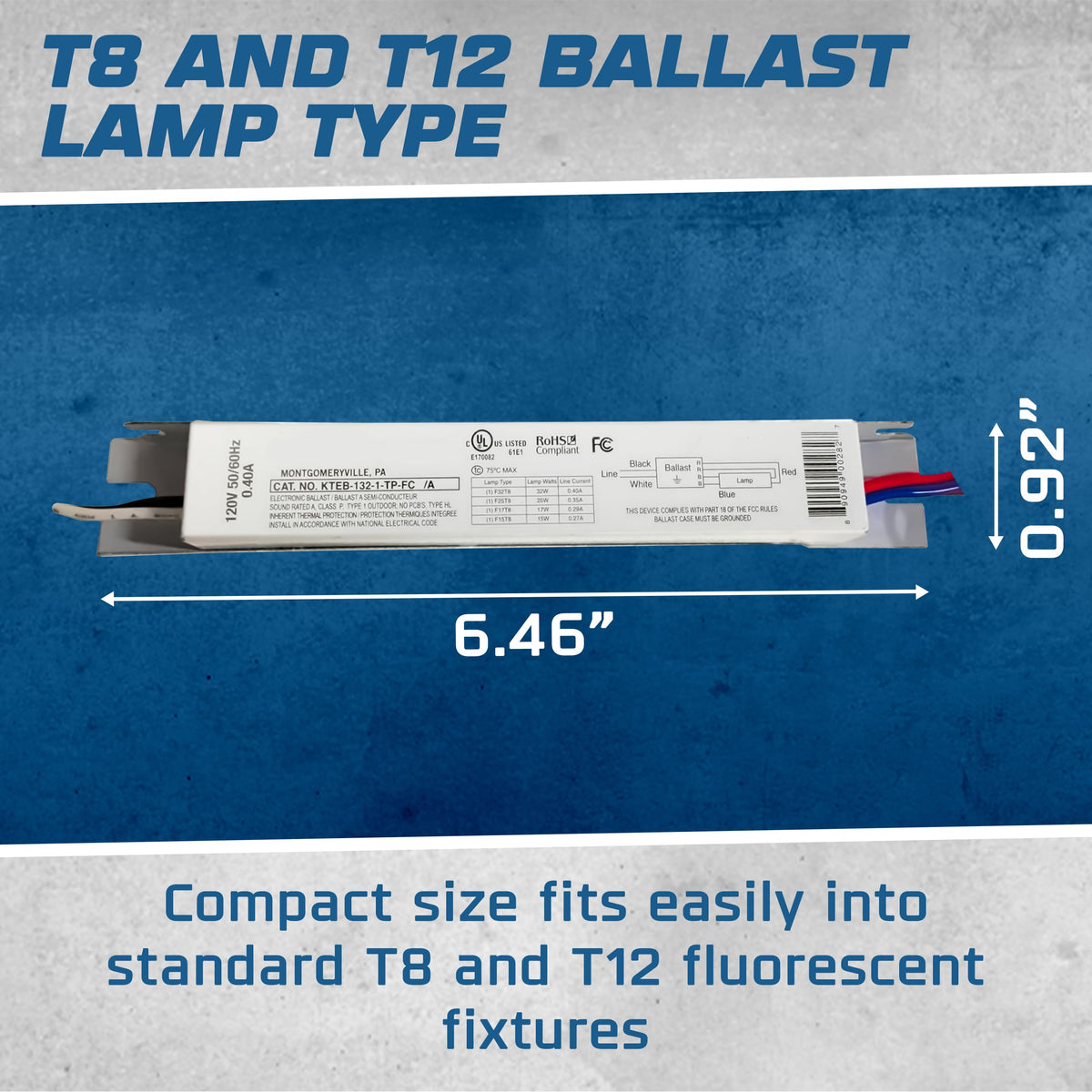 T8 Electronic Ballast, 120V, 1 Lamp,Rapid Start, 2 Pack UL Listed