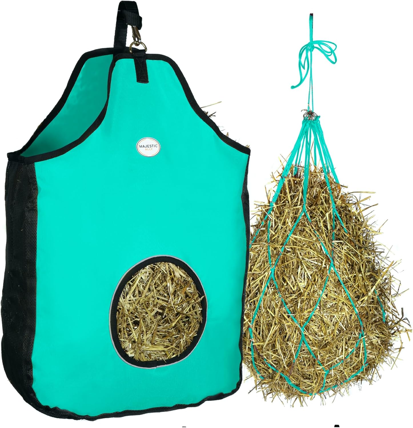1200 D Hay Feeder Tote Bag for Horses, Sheep with Reflective Trim- Reduces Waste - Comes with 36” Hay Net. (Turquoise)