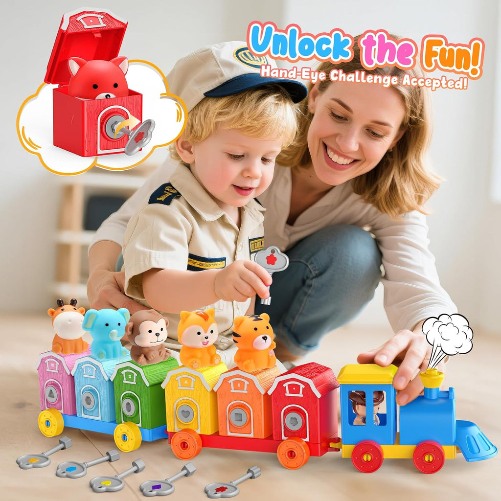 Animal Montessori Learning Toys for 2 3 4 5 Year Old Kids, Toddler Animals Train Locks & Keys Matching Toys Counting