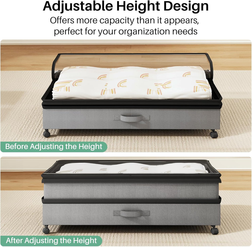 Under Bed Storage with Wheels 2Pack Height-adjustable Under Bed Storage Containers,Under Bed Shoe Storage Organizer