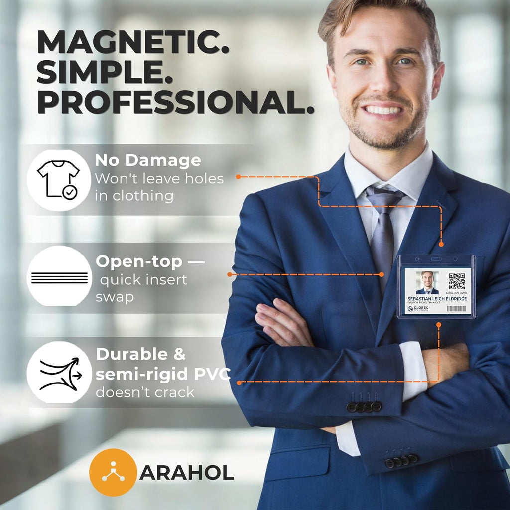 4"x3" Magnetic Name Badge Holders 50 Pack – Horizontal ID Card Holders with Strong Magnets, No Pin, Reusable PVC Name