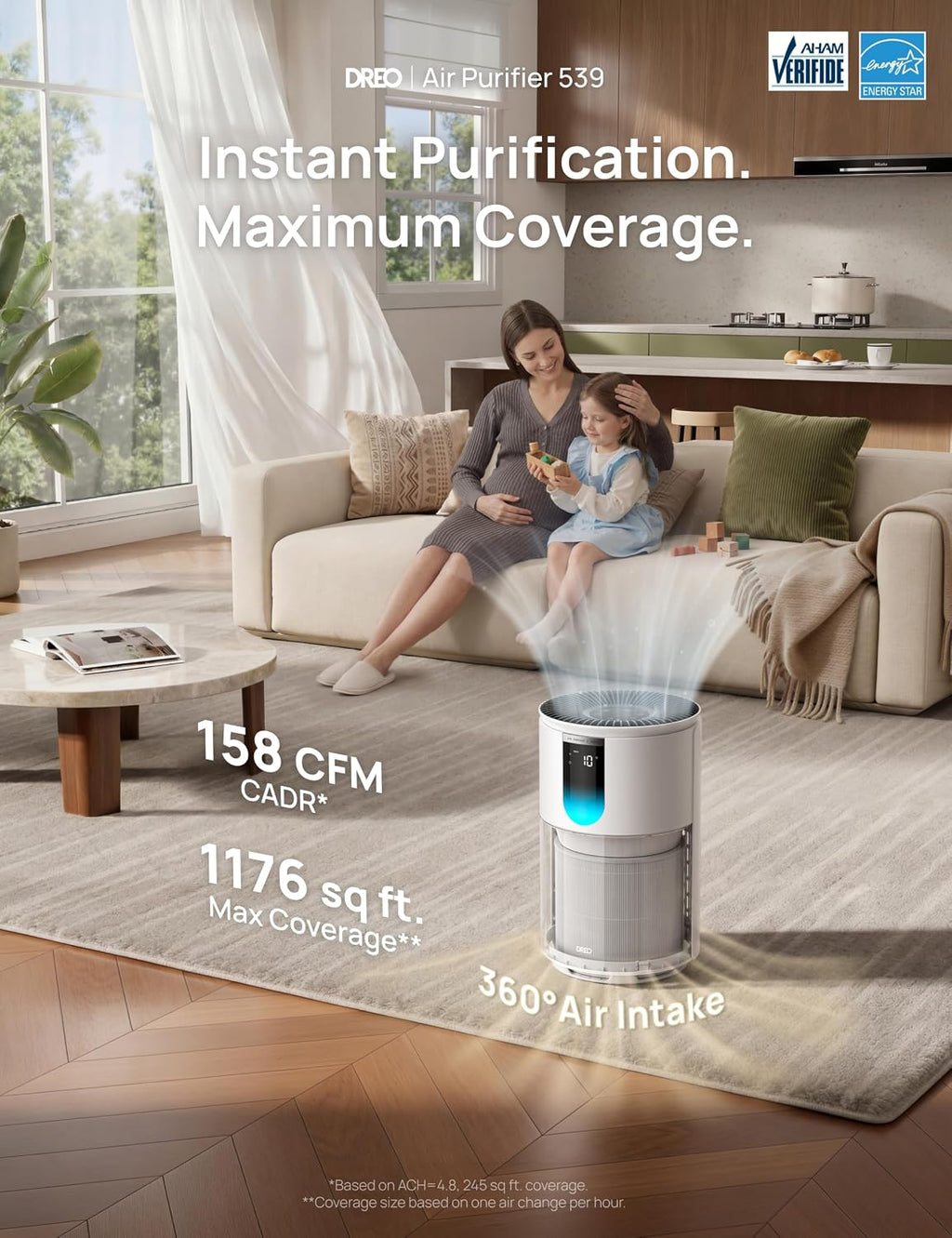Air Purifier for Home, Up to 1176 ft², HEPA Air Cleaner for Large Rooms & Bedrooms, Pets, Smoke, Dust, Pollen &
