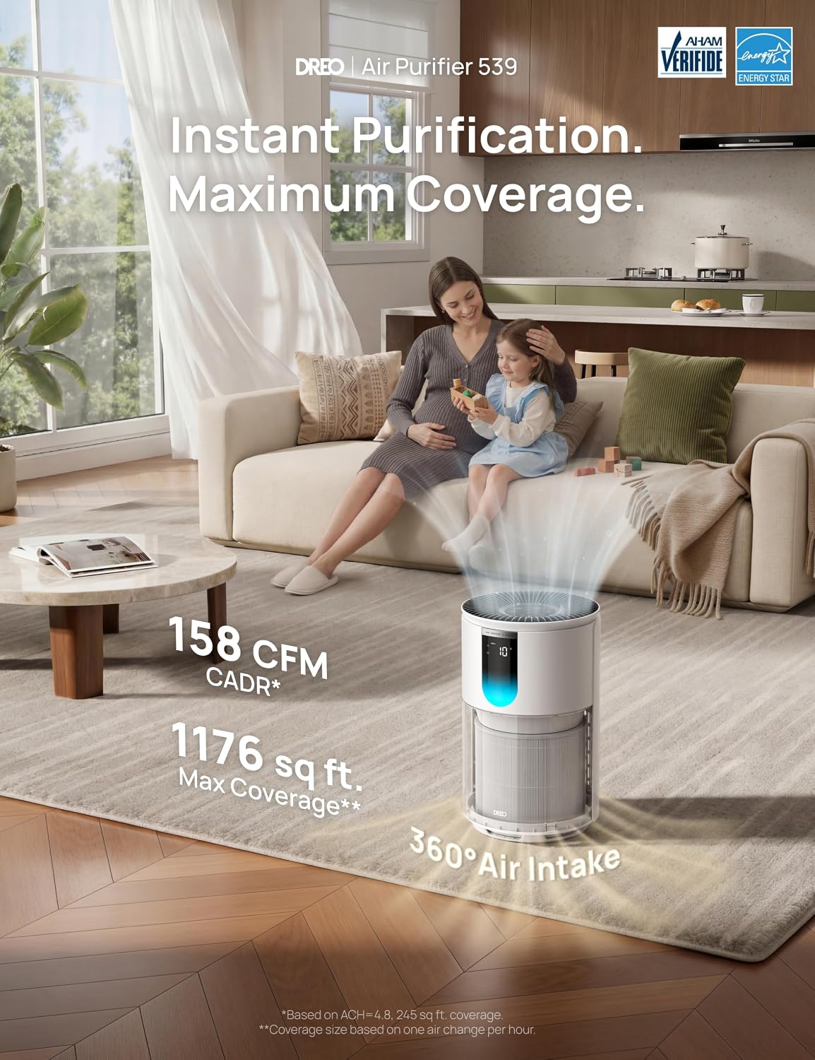 Air Purifier for Home, Up to 1176 ft², HEPA Air Cleaner for Large Rooms & Bedrooms, Pets, Smoke, Dust, Pollen &
