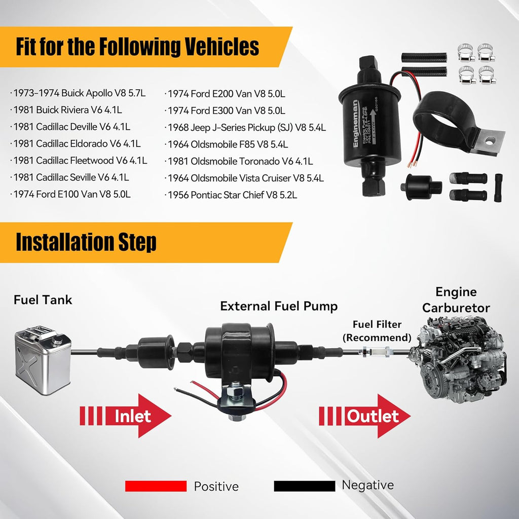 Universal Electric Fuel Pump 12V 2.5-4.5 PSI Inline External 5/16 Inch Compatiable with Gas Diesel Marine Carburetor
