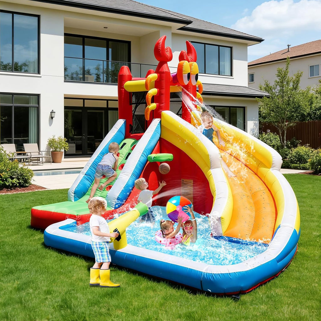 Inflatable Water Slide,Big Bounce House for Kids with Splash Pool,Climbing Wall,Basketball Hoop,Water Gun for
