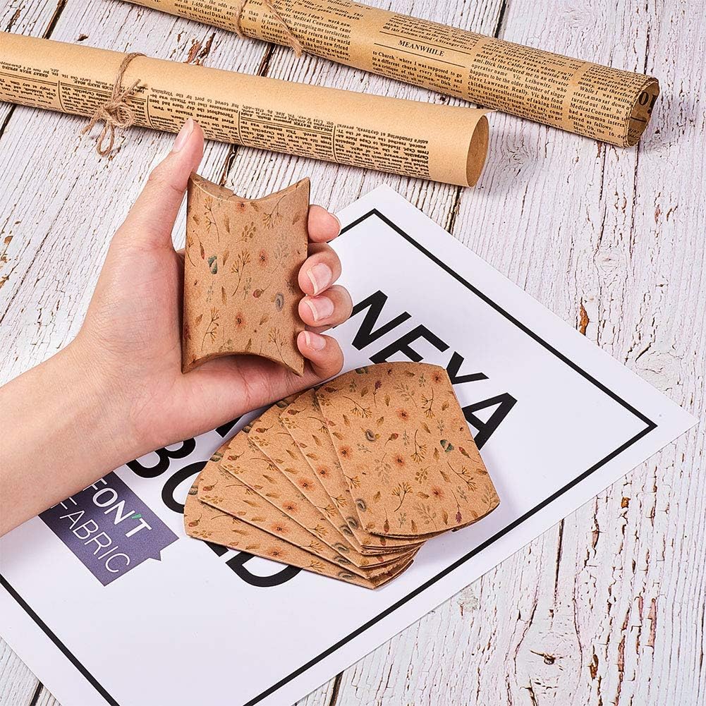100 Pcs 3x2 Inch Vintage Kraft Paper Pillow Candy Packaging Box Flower Pattern Box Rustic Gift Boxes for Wedding