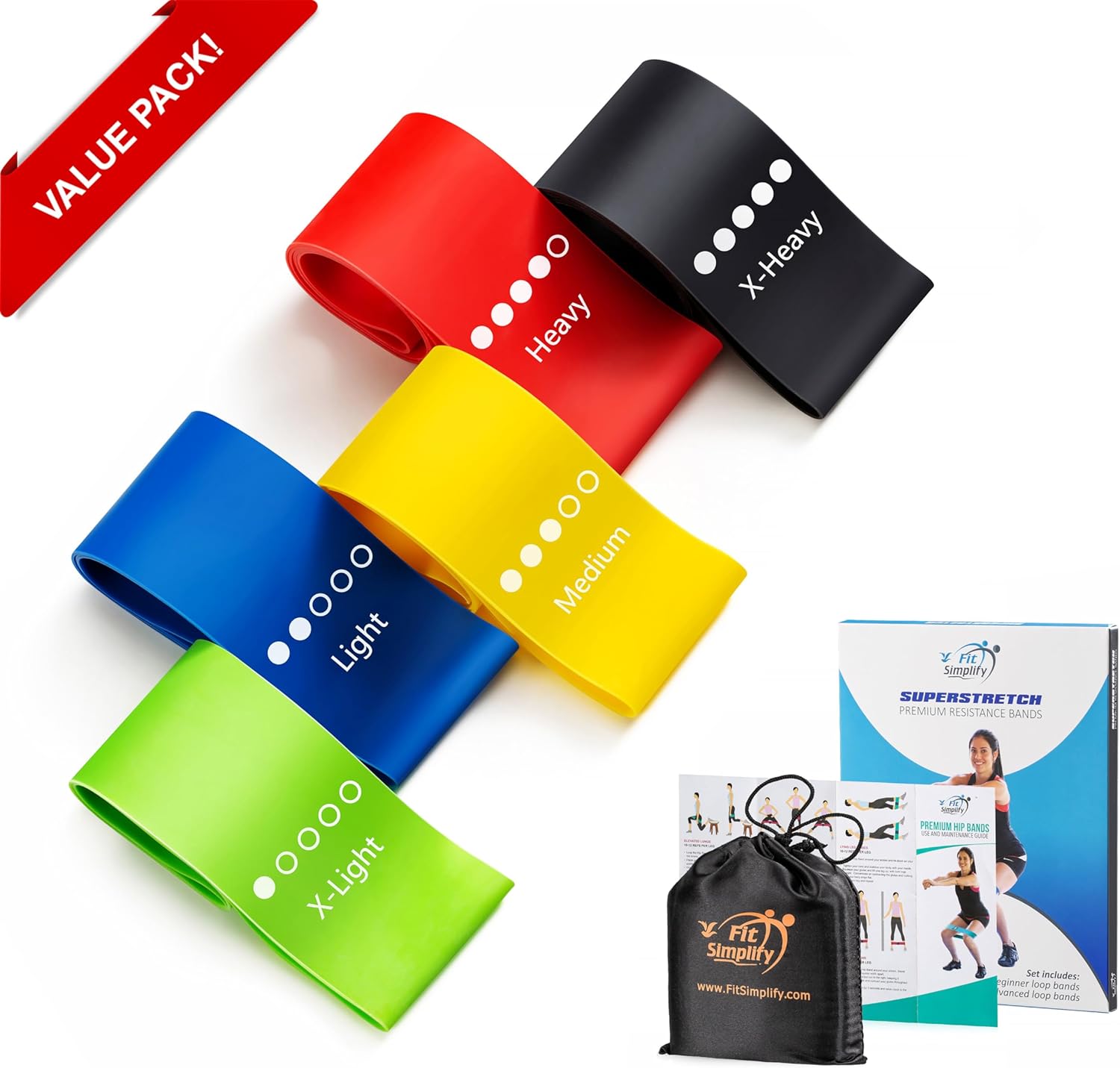 Resistance Loop Exercise Bands with Instruction Guide and Carry Bag, Set of 5