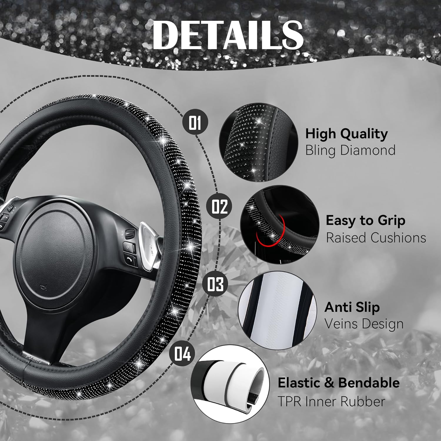 Bling Diamond Leather Steering Wheel Cover, With Sparkly Crystal Glitter Rhinestones Universal Fit 14"1/2-15" Car