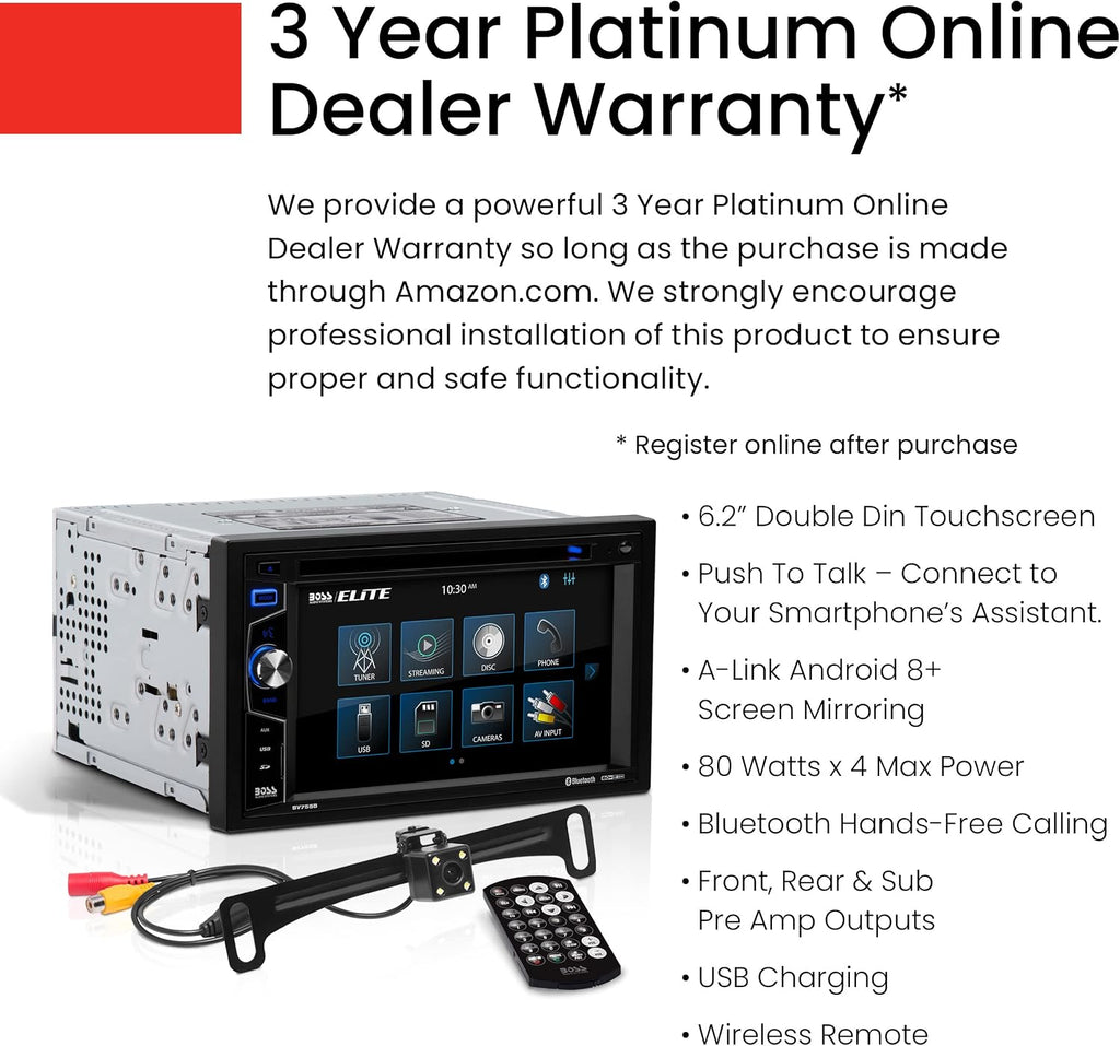 Elite BV755BLC Car Stereo System - 6.2 Inch Double Din Touchscreen, Bluetooth Audio & Calling Head Unit, Radio