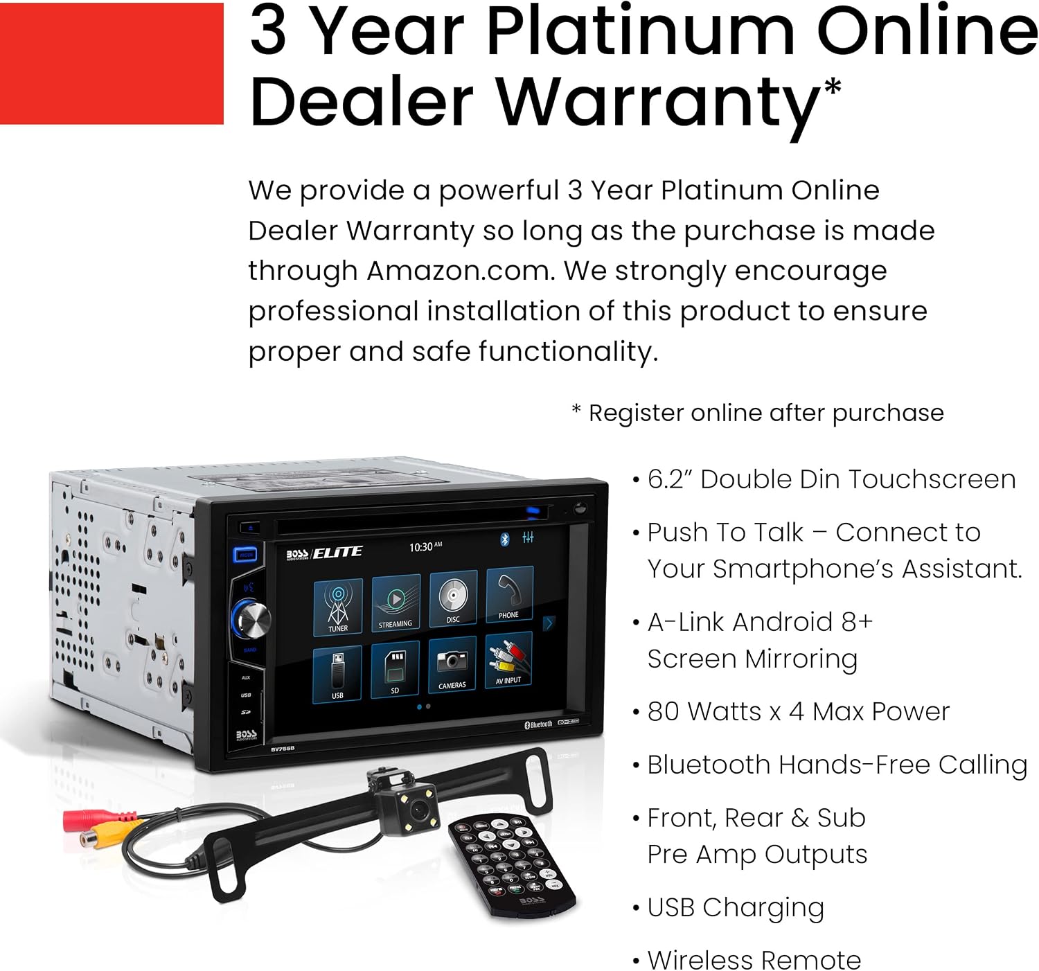 Elite BV755BLC Car Stereo System - 6.2 Inch Double Din Touchscreen, Bluetooth Audio & Calling Head Unit, Radio