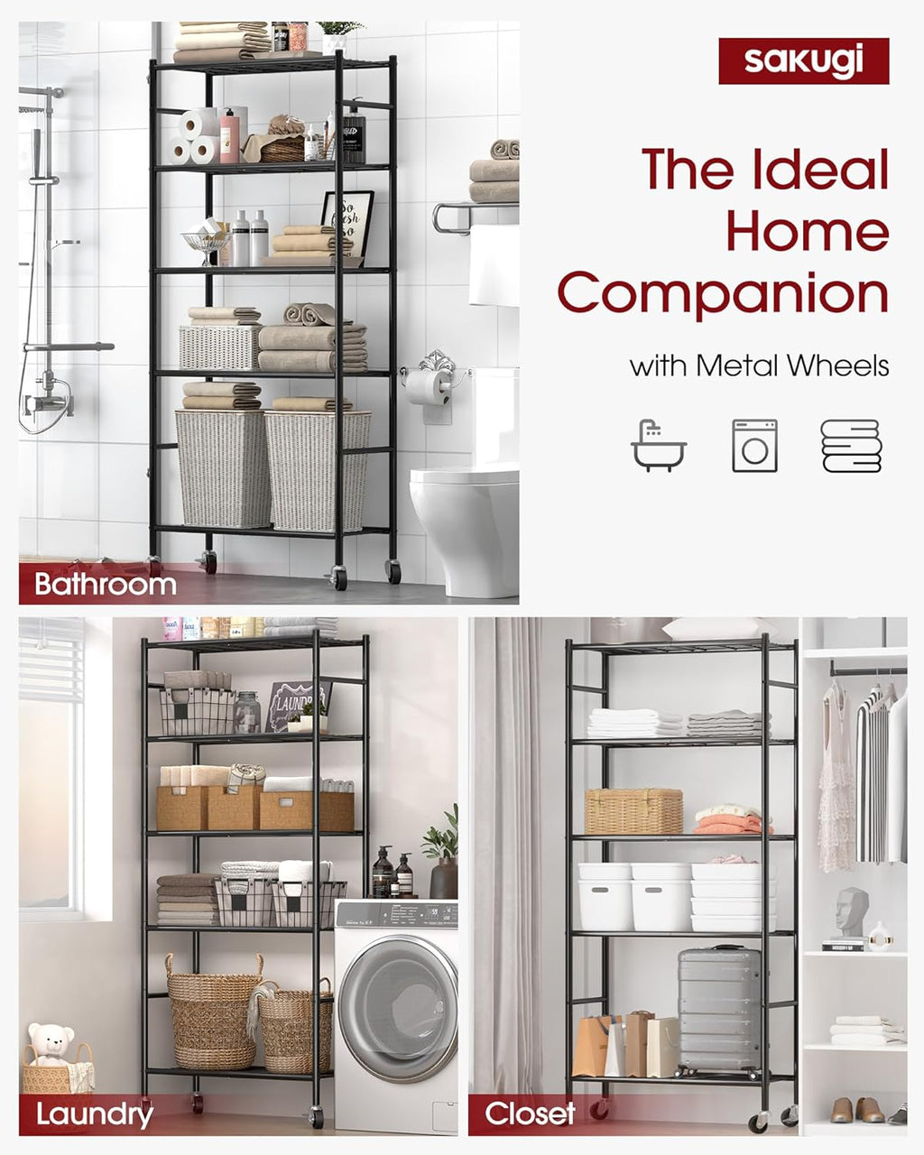 Storage Shelves Organizer - 5 Tier Metal Shelf Organizer with Metal Wheels and Adjustable Leveling Feet, Heavy Duty
